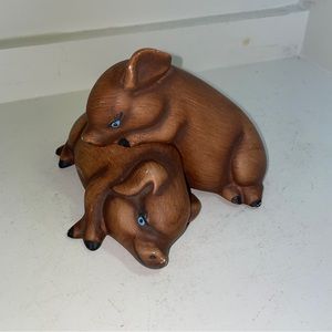 VTG 2 Ceramic Pigs Figurine One Laying Down & 2nd Is on Top Of It Farm Animals